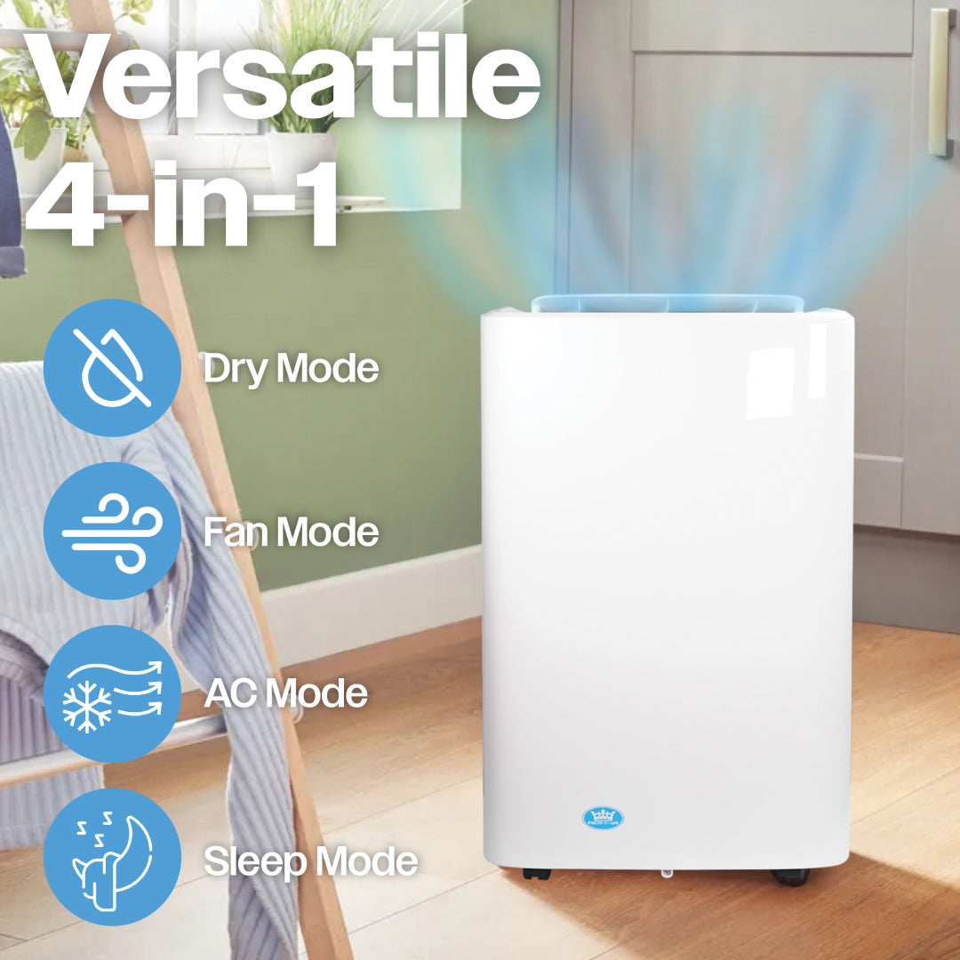 Prem-i-air 4-in-1, 14,000 Btu Portable Air Conditioner with Remote, WiFi & Dust Cover, White