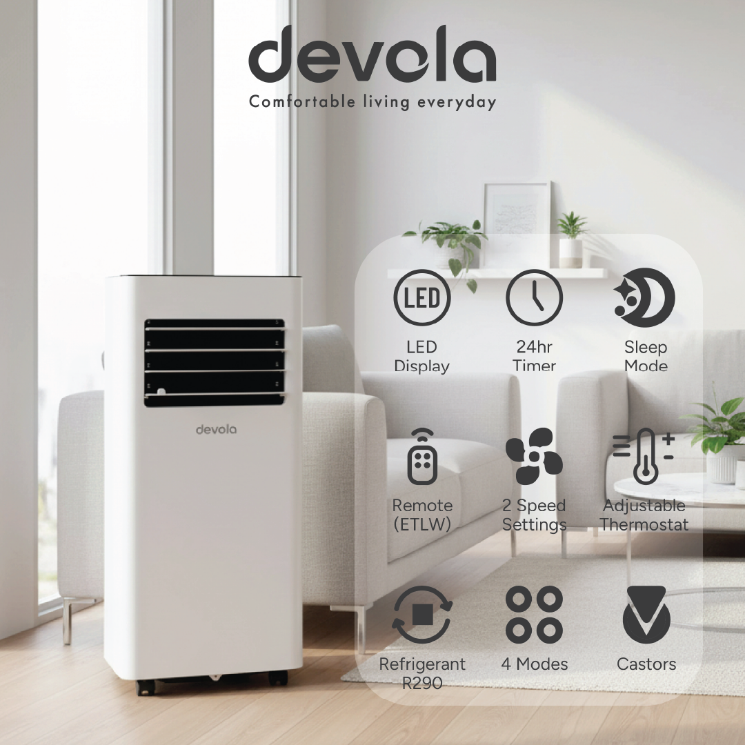Devola Compact Portable Air Conditioner with Wi-Fi and 2x Window kits - 7000 BTU - Cooling - White - DVAC7K