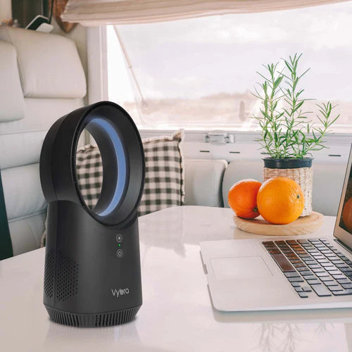 Vybra Solo Black – Rechargeable Bladeless Cordless Desktop Fan with Ambient Lighting