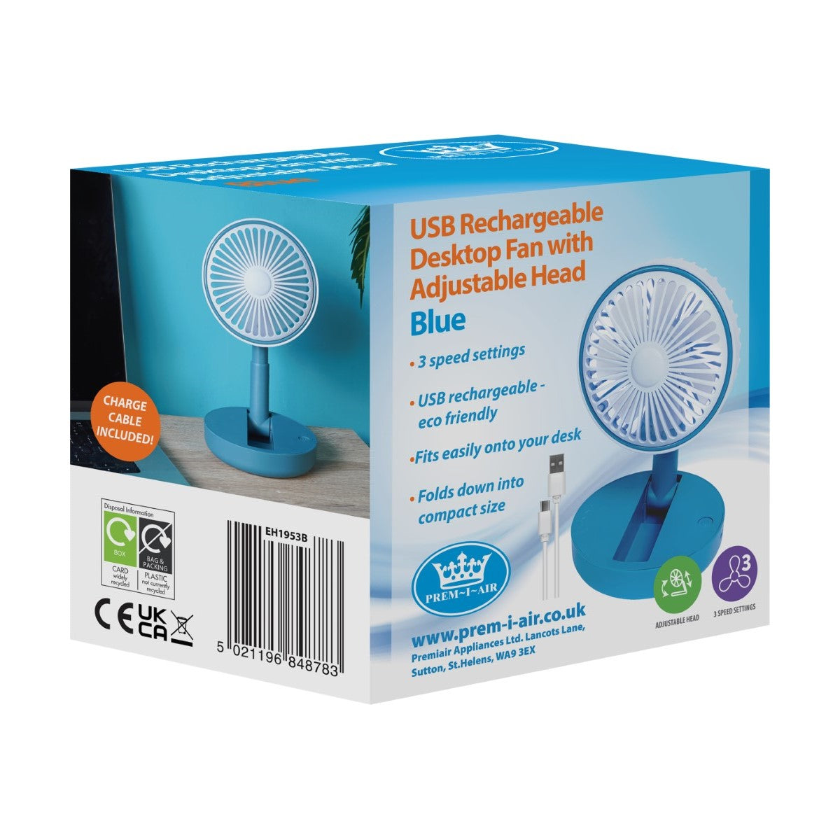 Prem-i-air Folding Desk Fan Blue - EH1953B