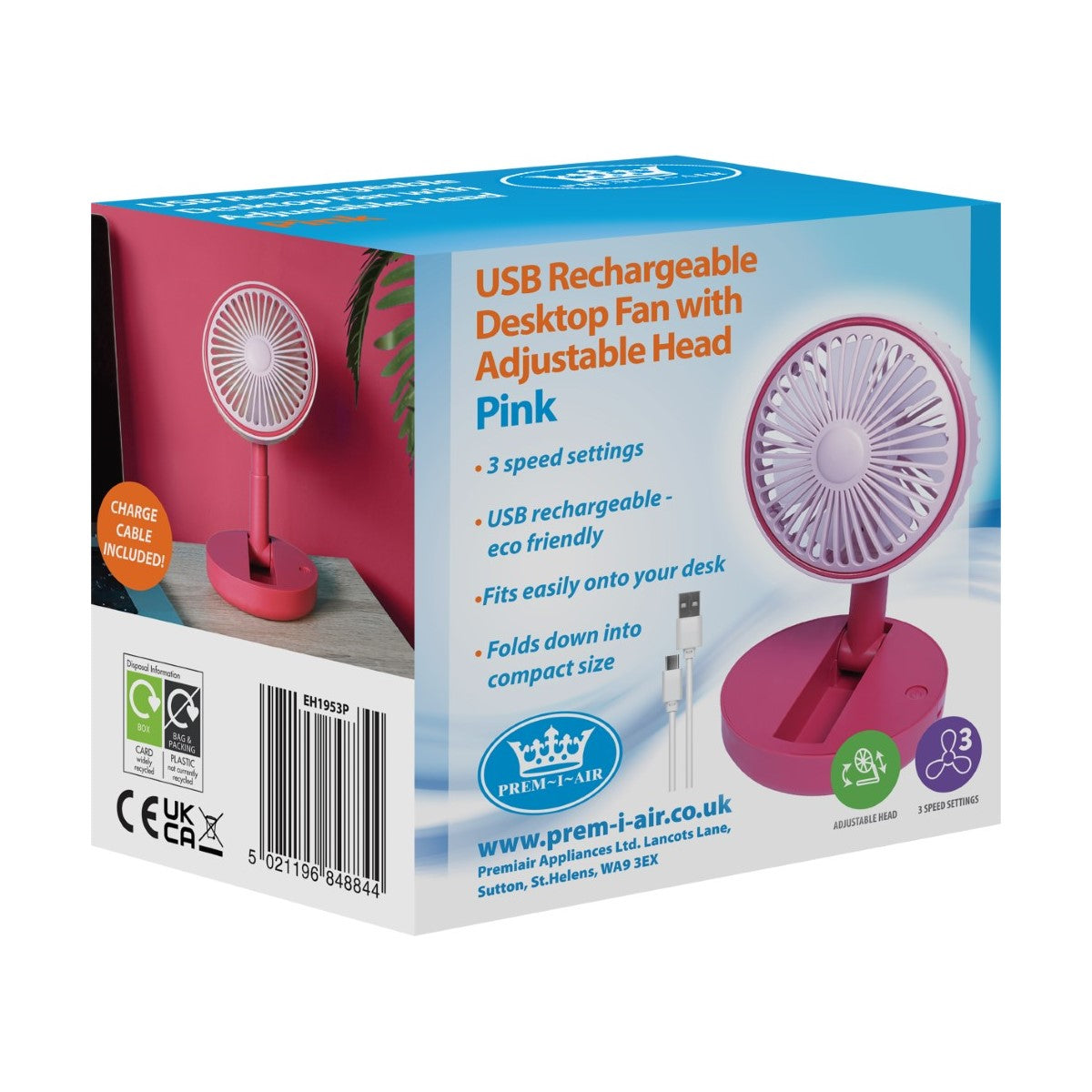 Prem-i-air Folding Desk Fan - Pink - EH1953P