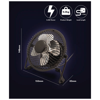 Premiair 4" USB Fan - Black - EH1570
